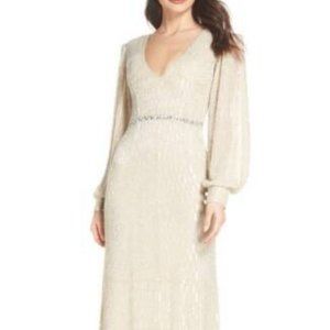 Mac Duggal Cream Beaded Long Sleeve Evening Gown